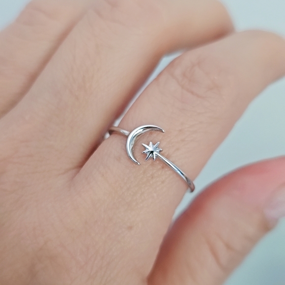 Moon Star Ring, Thin Crescent Moon Ring, Sterling Silver Women Ring, Boho Chic, - Picture 4 of 10